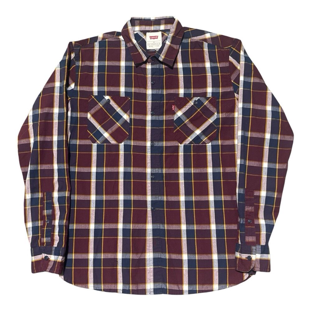 Levi’s Shirt Men’s Medium Burgundy Navy Plaid Long Sleeve Button Down Workwear